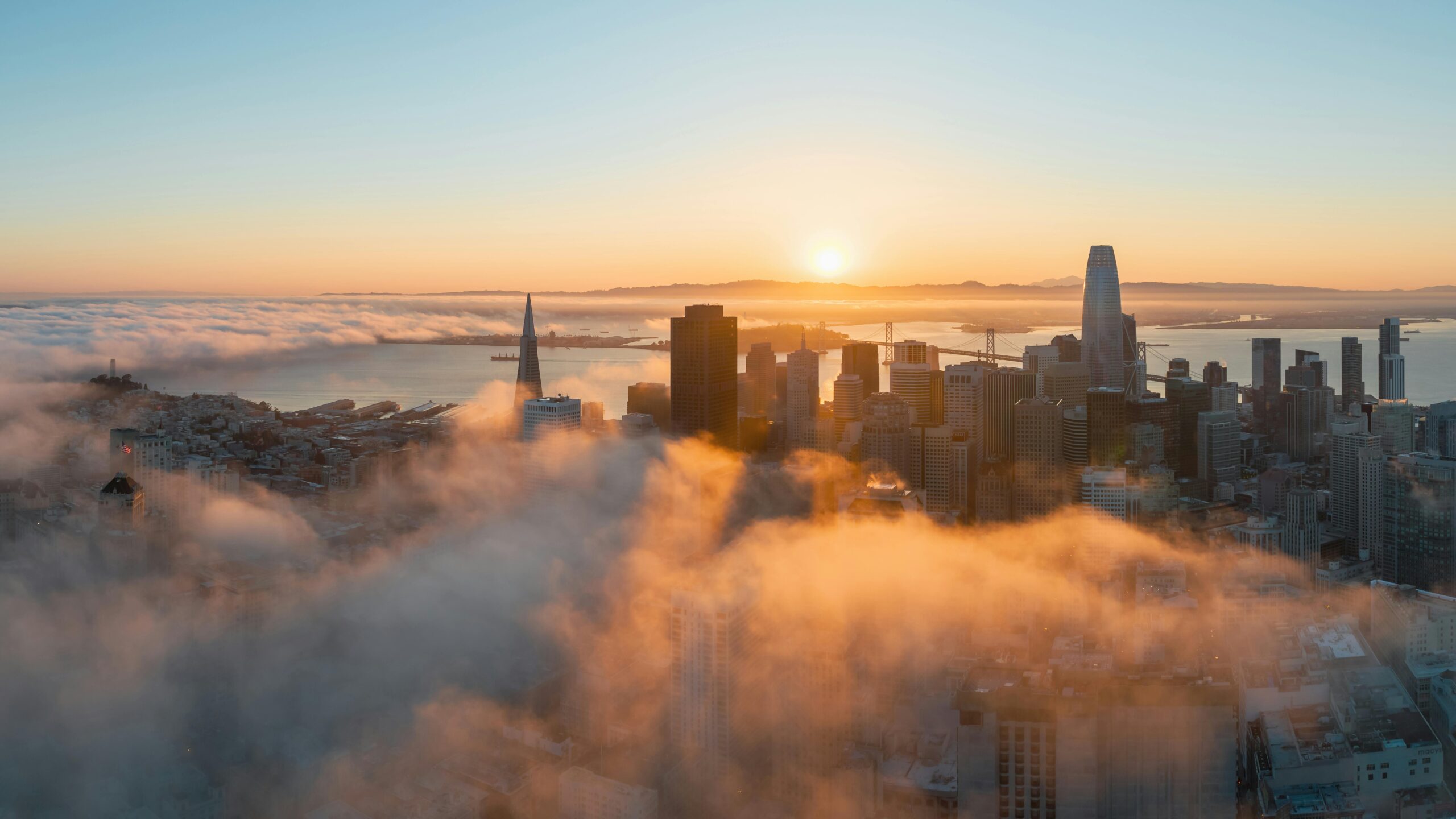 Aerial view of San Francisco covered in fog